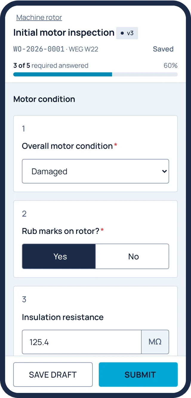 Form runner for initial motor inspection with insulation resistance in megohms