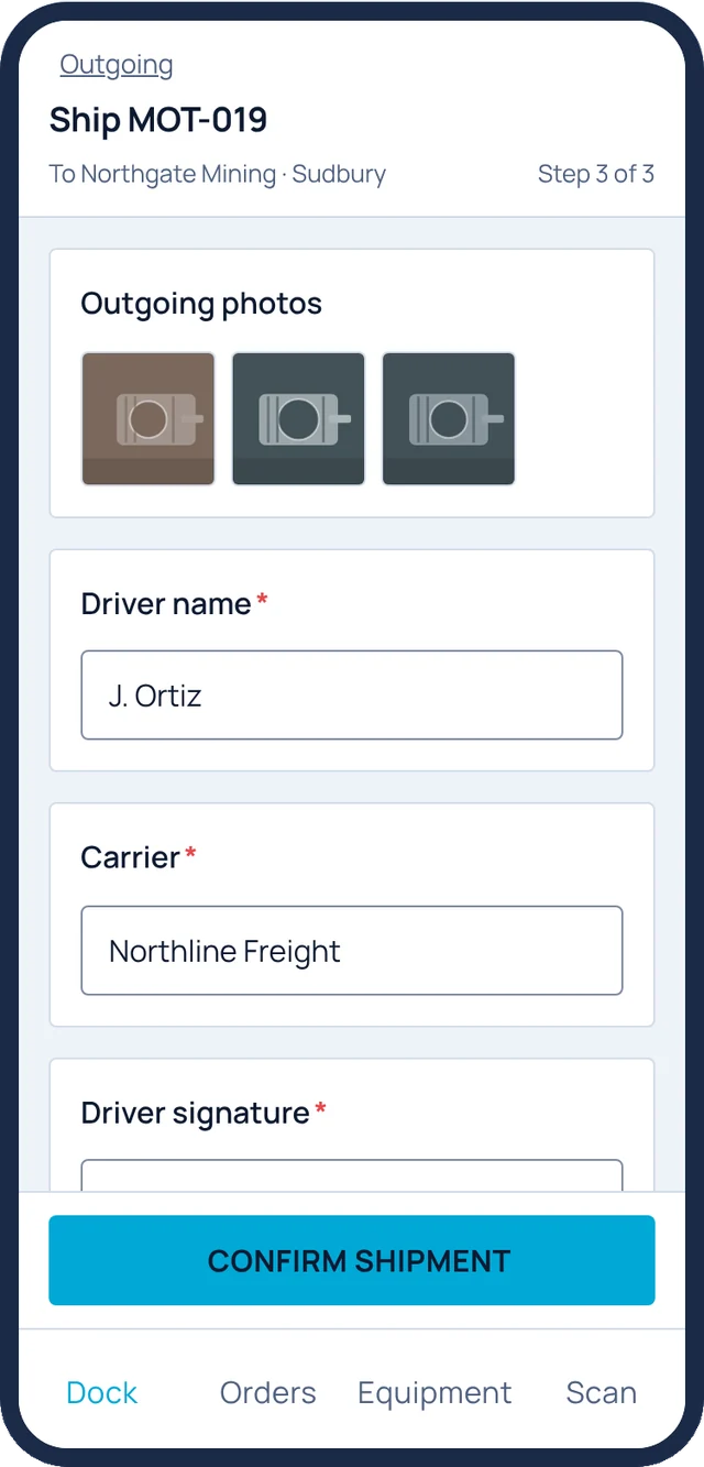 Ship screen with outgoing photos, driver name, carrier and signature