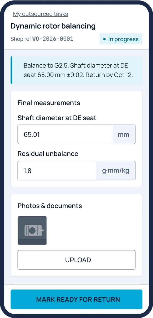 Service partner task for dynamic rotor balancing with final measurements