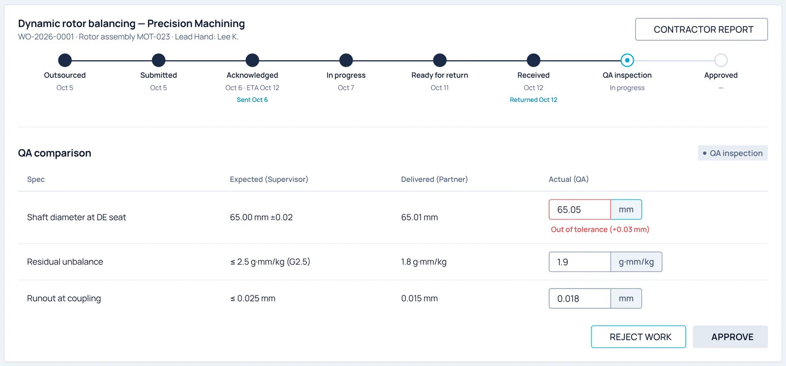 Outsourced task timeline for dynamic rotor balancing and a QA comparison table with one out-of-tolerance value